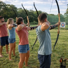 vier Personen stehen in einer Reihe und schießen den Pfeil auf die Zielscheibe