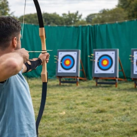 Mann hält einen Bogen in der Hand und zielt den Pfeil auf die Zielscheibe