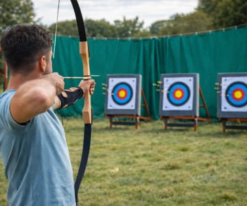 Mann hält einen Bogen in der Hand und zielt den Pfeil auf die Zielscheibe