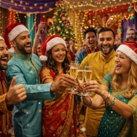 Gruppe stößt mit einem Glas Sekt an