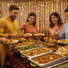 Personen holen sich Essen am Buffet