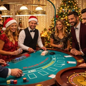 Personen spielen bei der Weihnachtsfeier gemeinsam Poker an einem Casinotisch