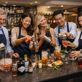 Gruppe mixt gemeinsam Cocktails mit mehreren Zutaten