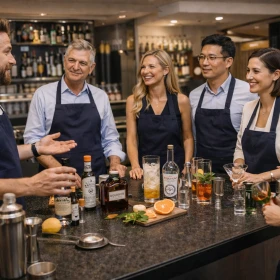 Gruppe wird erklärt mit welchen Zutaten der Cocktail gemixt wird