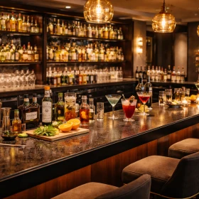 rustikalere Cocktailbar mit Stühlen und Cocktails