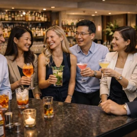 Gruppe genißt gemein ihre gemixten Cocktails