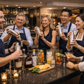 Personen mixen gemeinsam ihre Cocktails mit einem professionellen Guide