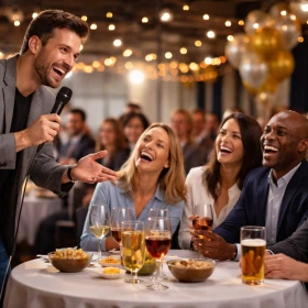 Comedy Künstler steht an einem Tisch und erzählt den Teilnehmer einen Witz