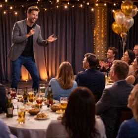 Comedy Künstler steht auf einer Bühne und unterhält die Teilnehmer