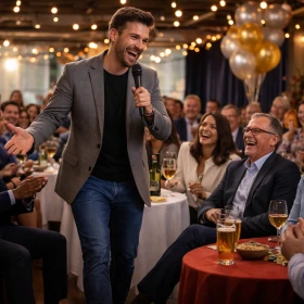 Comedy Künstler läuft durch an den Gästen vorbei und erzählt ihnen die Witze