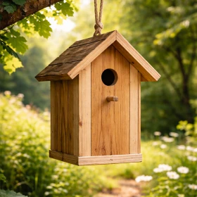 fertiger Nistkasten hängt an einem Bau,