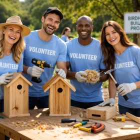 Gruppenbild von Personen die Nistkästen bauen