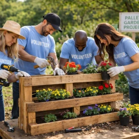 Personen bauen gemeinsam an einem Blumenbeet aus Palletten