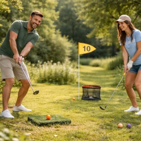 2 Personen spielen gemeinsam Crossgolf