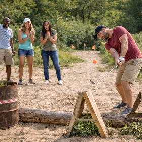 Person versucht Golfball über die Hindernisse zu schlagen