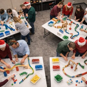Draufsicht auf mehrere Tische und Gruppen die jeweils ein Domino Parcours bauen