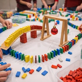 Nahaufnahme einer gebauter Brücke mit Dominosteinen