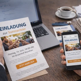 fertiggestellte Einladung auf verschiedenen Medien (z.B. per Post oder digital)