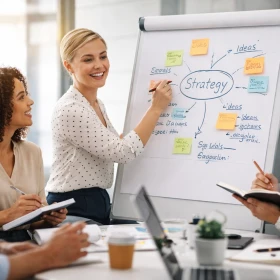 Personen beraten sich und machen sich Notizen an einem Flipchart