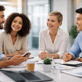 Personen beraten sich gemeinsam während sie an einem Tisch sitzen