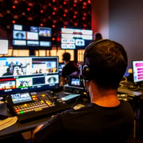 Person sitzt vor verschiedenen Bildschirmen