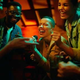 Personen singen gemeinsam in ein Mikrofon