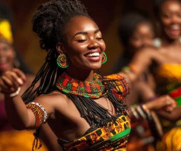 eine afrikanische Tanzgruppe auf einer Bühne, eine Tänzerin mit traditioneller Kleidung im Vordergrund