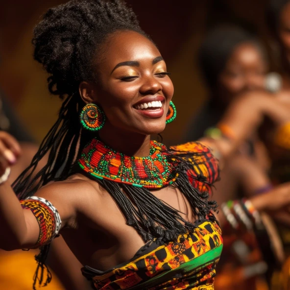 eine afrikanische Tanzgruppe auf einer Bühne, eine Tänzerin mit traditioneller Kleidung im Vordergrund