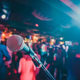 ein Mikrofon mit Ständer auf einer Bühne