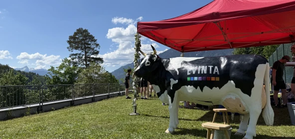 Kuh vor rotem Pavillon