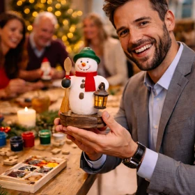 Ein Businessmann präsentiert stolz sein selbst gestaltetes Räuchermännchen bei einer stimmungsvollen Firmen-Weihnachtsfeier im Workshop-Format. Das Bild vermittelt die Freude am gemeinsamen Basteln und eignet sich ideal für Inhalte rund um Teambuilding und kreative Firmenevents.