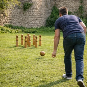 Das Bild zeigt unser Modul "Holz-Kegeln" auf einer Wiese vor einer Burgmauer. Eine Person hat gerade die Kugel geworfen.