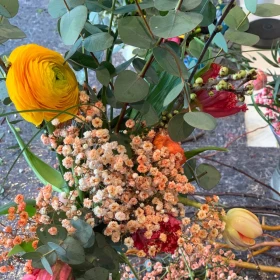 EVINTA_Floristikworkshop_Bild 01 Blumenstrauß in einer Hand, Gelbe Ranunkel, Tulpen in verschiedenen Farben,
Eukalyptus, Statice oder getrocknetes Schleierkraut, Rote Nelken