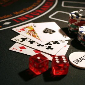 Spielkarten, 2 rote Würfel, Pockerchips und ein Chip mit der Aufschrift "Dealer" liegen auf einem Casinotisch
