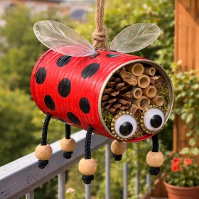 Insektenhotel in der Dose als Marienkäfer auf dem Balkon