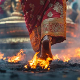Mensch in indischem Gewand läuft über brennende Kohle