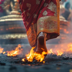 Mensch in indischem Gewand läuft über brennende Kohle