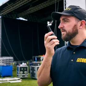 Security Person spricht in sein Walkie-Talkie