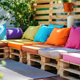 Palettenmöbel mit bunten Kissen