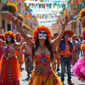mexikanisches Fest auf einer bunt geschmückten Straße, Personen sind verkleidet für den Feiertag den Tag der Toten, Menschen haben Totenkopfmasken auf