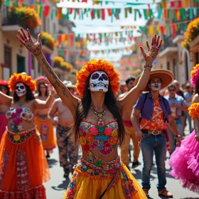 mexikanisches Fest auf einer bunt geschmückten Straße, Personen sind verkleidet für den Feiertag den Tag der Toten, Menschen haben Totenkopfmasken auf