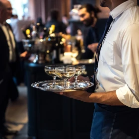 Person trägt Tablett mit Gläsern