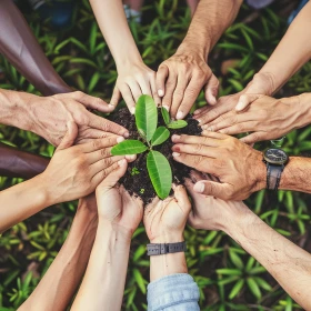 viele Hände unterschiedlicher Hautfarbe halten einen Baumsetzling