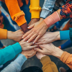 viele Hände sind kreisförmig mittig übereinandergelegt