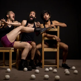 Männer in Unterwäsche auf Stühlen sitzend, auf einer Bühne