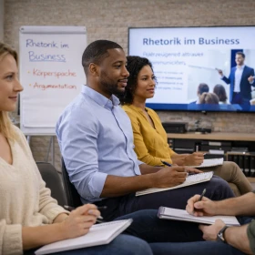 Teilnehmer eines Rhetorikseminars sitzen aufmerksam in einer Reihe und trainieren aktives Zuhören sowie strukturierte Gesprächsführung. Das praxisorientierte Kommunikationstraining verbessert Präsentationsfähigkeiten und stärkt die rhetorische Kompetenz im beruflichen Alltag.
