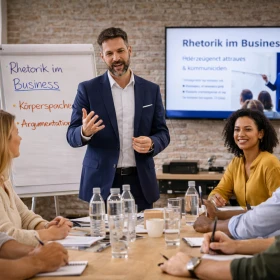 Interaktives Rhetoriktraining im Business-Workshop: Ein erfahrener Trainer zeigt Techniken für überzeugende Kommunikation und souveränes Auftreten vor einer engagierten Gruppe. Dieses Seminar für Firmen stärkt Argumentation, Körpersprache und die Wirkung in Präsentationen und Gesprächen.