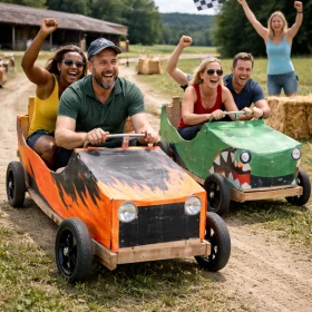 Seifenkistenrennen als actionreiches Teambuilding-Event für Firmen im Outdoor-Bereich. Teams bauen kreative Fahrzeuge und treten in einem unterhaltsamen Wettbewerb gegeneinander an, was Teamgeist und Motivation stärkt.
