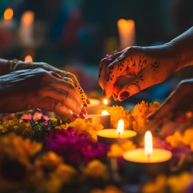 Teelichter in einem Blumenmeer werden von 4 Händen angezündet