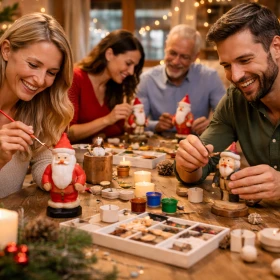 Mehrere Kollegen gestalten gemeinsam ihre Räuchermännchen in gemütlicher Weihnachtsatmosphäre bei einem kreativen Teamevent. Diese Szene zeigt ein beliebtes Rahmenprogramm für Firmenfeiern, bei dem Zusammenarbeit und handwerkliche Kreativität im Mittelpunkt stehen.